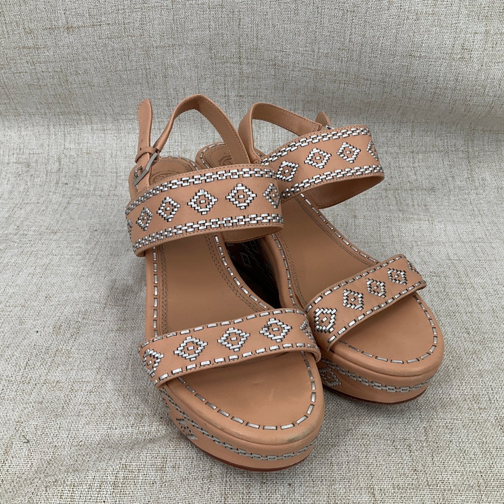 Tory Burch Reena Wedge Sandals Womens 9M Tan Leather Embroidered Platform - Picture 2 of 8